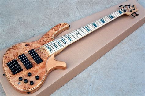 Factory Wood Color 5 Strings Electric Bass Guitar With Tree Burl Veneer Maple Fretboard Black