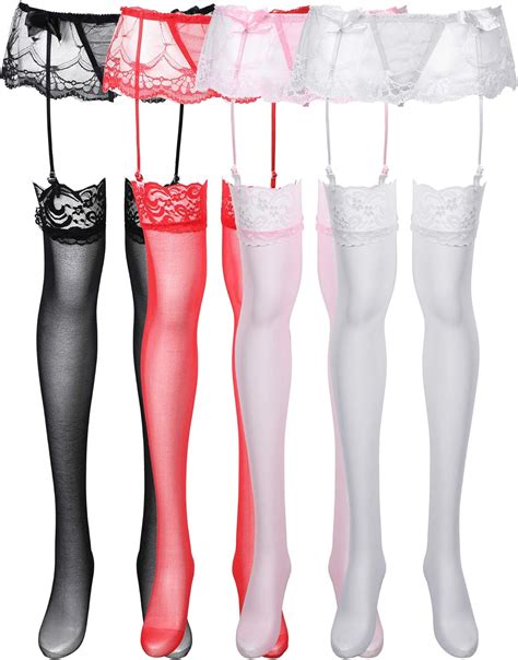 4 Pieces Lace Garter Belts Lace Suspender Belt Lingerie Thigh High Stocking For Women Ladies