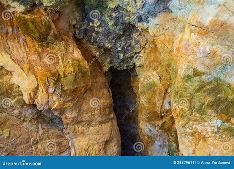 Colorful Rocks Of Zoodochos Pigi Cave Mesa Vouno Santorini Greece Stock