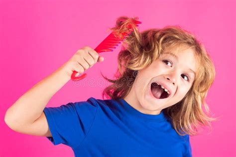 Kid Boy Makes Face Expressions Combing Hair Kids Hair Care Concept