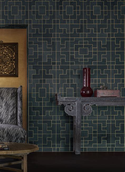 Living Room Design Featuring Phillip Jeffries Fretwork Wallcovering