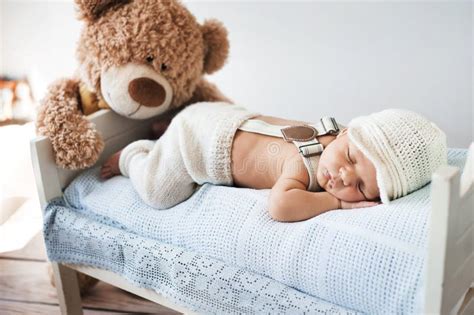 Little Baby Sleeping With A Teddy Bear Stock Image Image Of Calm