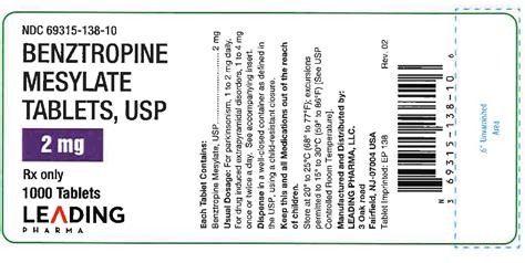 Benztropine Mesylate Tablets Usp05 Mg 1 Mg And 2 Mg