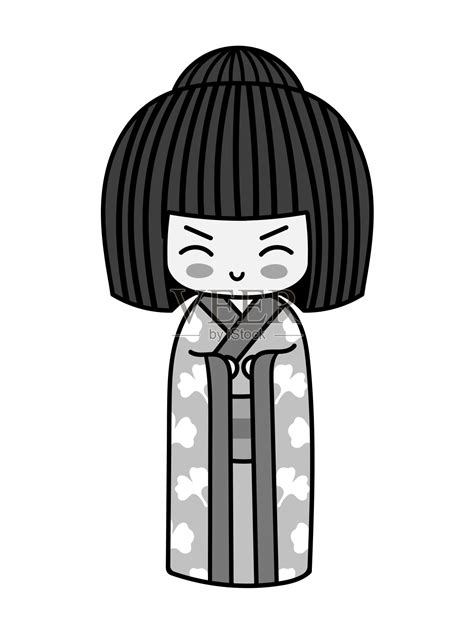 可爱的小传统kokeshi娃娃。可爱的卡通日本女孩在和服纹身，别针，贴纸，徽章，补丁。矢量插图。插画图片素材id343658672 Veer图库