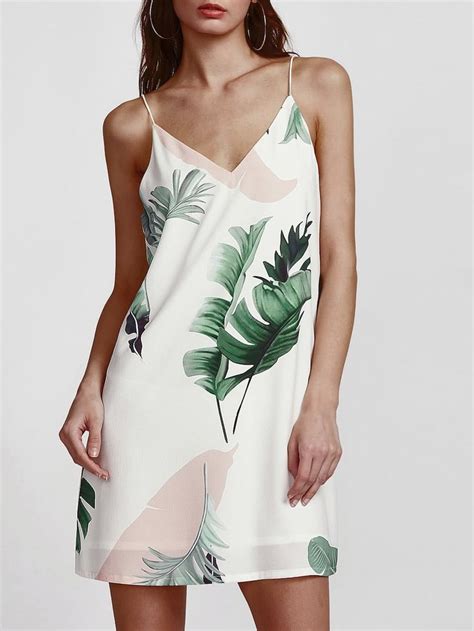 Palm Leaf Print Double V Neck Cami Dress -SHEIN(SHEINSIDE ...