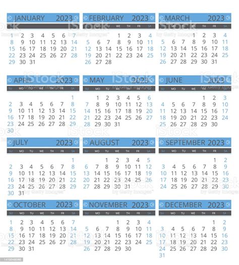 2023 Monthly Calendars For The Year With The Weeks Beginning On Sunday
