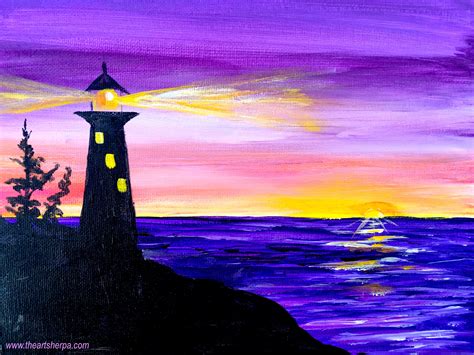 Easy Sunrise Painting Of A Silhouette Lighthouse With Light On This