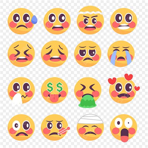 Emoji Media Sosial Mengatur Wajah Kuning Dengan Banyak Ekspresi Vektor