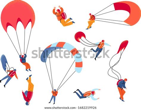 Set Different Skydivers Characters Flying Parachutes Stock Vector