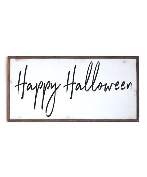 a wooden sign that says happy halloween with black writing on the front and bottom half