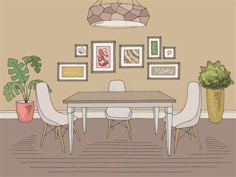 Dining Room Graphic Black White Sketch Home Interior Illustration