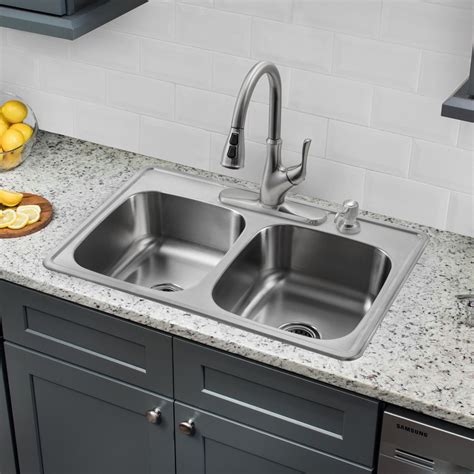 Stainless steel kitchen faucet tends to be smoother both inside and outside, unlike the brass and chrome type. 33" x 22" Double Bowl Drop-In Stainless Steel Kitchen Sink ...
