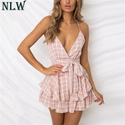 Buy Nlw White Ruffle Plaid Jumpsuits Rompers Spaghetti