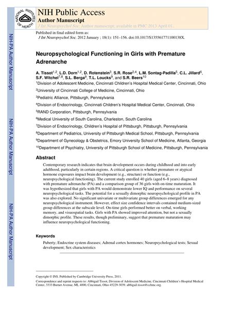 PDF Neuropsychological Functioning In Girls With Premature Adrenarche