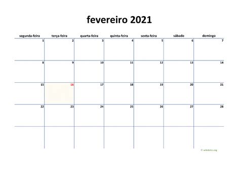 Calendário Fevereiro 2021