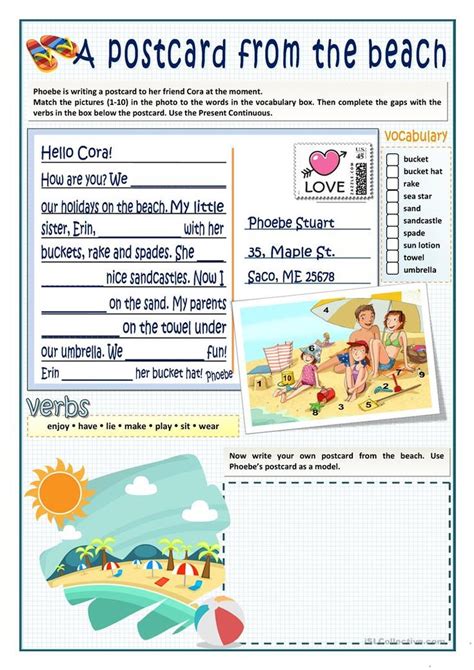 A Postcard From The Beach Worksheet Free Esl Printable Worksheets