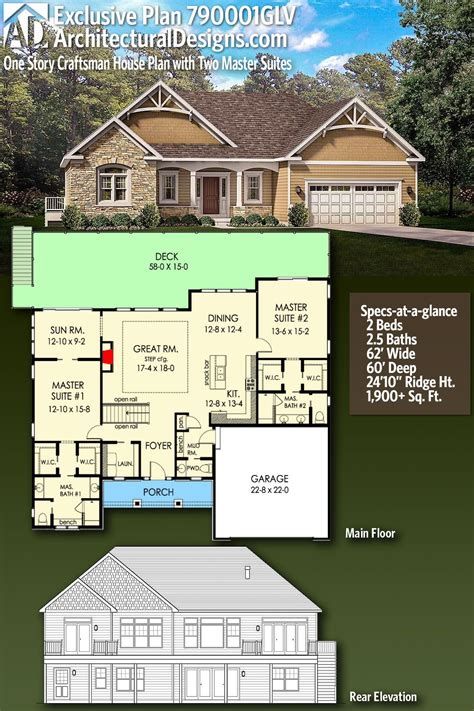 Plan 790001glv Exclusive One Story Craftsman House Plan With Two