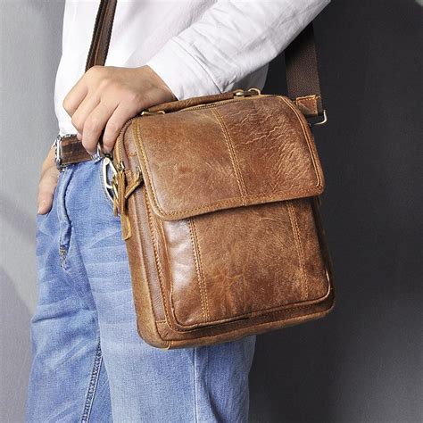 Brown Leather Mens Vertical Side Bag Small Courier Bag Vertical Handba
