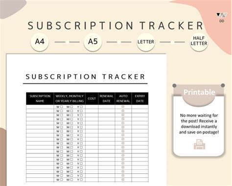 Subscription Tracker Printable Subscription Log Expenses Etsy