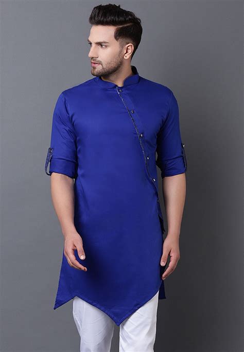 Solid Color Pure Cotton Asymmetric Kurta In Royal Blue In 2021 Mens Kurta Designs Traditional