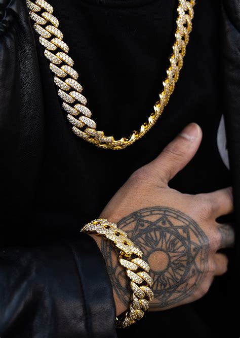 Yellow Gold Plated Iced Out Miami Cuban Link Chain And Bracelet Frostnyc