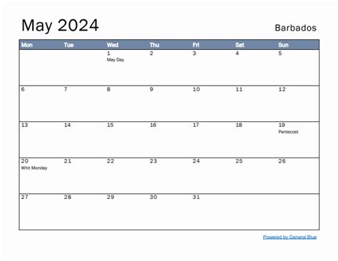 May 2024 Barbados Monthly Calendar With Holidays