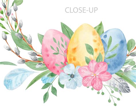 Watercolor Easter Wreath Clipart With Eggs Flowers Etsy