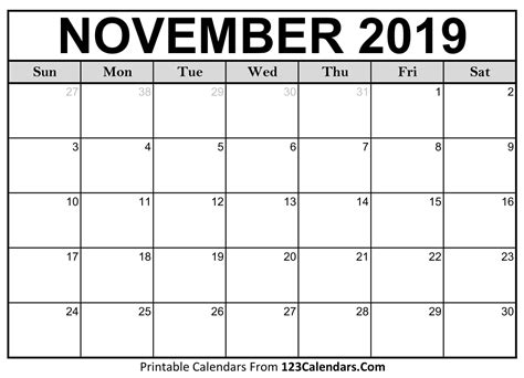 November 2019 Calendar Blank Easily Printable 123calendars