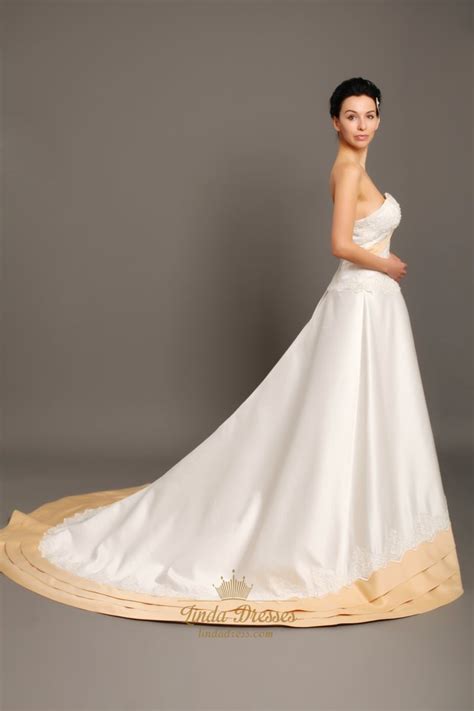 Ivory And Gold Strapless Taffeta Wedding Dresses With Lace