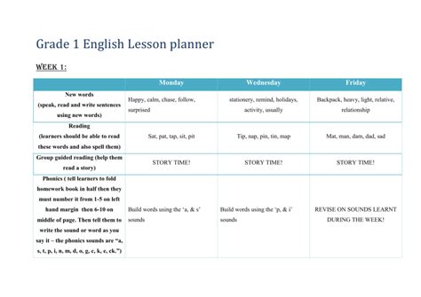 Grade 1 English Lesson Planner