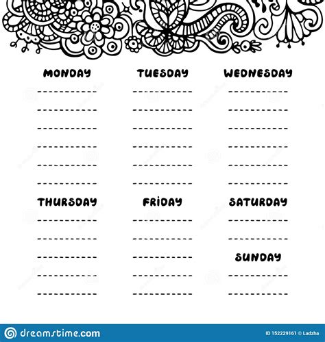 Hand Drawing Black And White Weekly Planner Template Cute Doodle