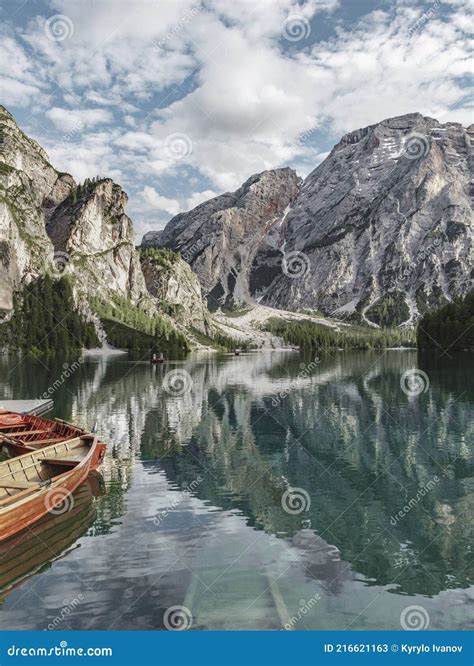 Boats On The Braies Lake Pragser Wildsee In Dolomites Mounta Royalty