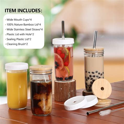 Buy [ 4 Pack ] Glass Cups Set 24oz Mason Jar Drinking Glasses W Bamboo Lids And Straws And 2