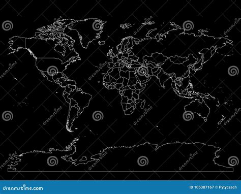 World Map With Country Borders Thin White Outline On Black Background