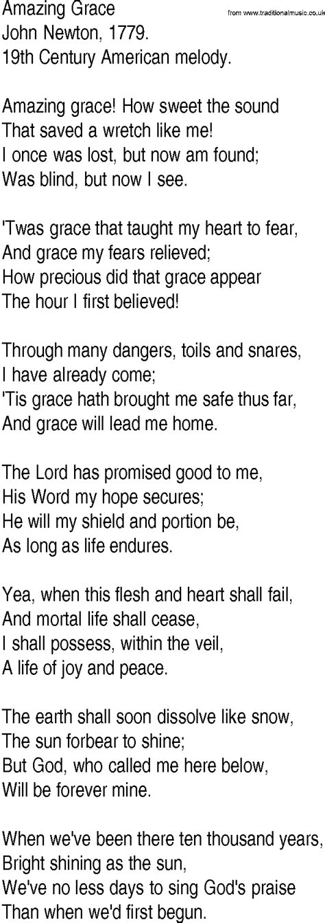 Hymn And Gospel Song Lyrics For Amazing Grace By John Newton