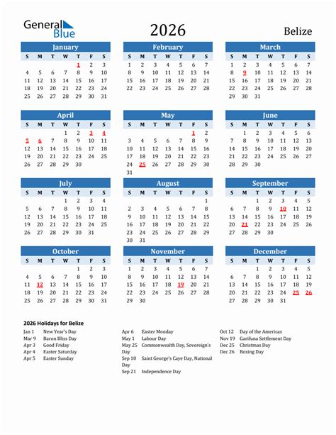 2026 Printable Calendar With Belize Holidays