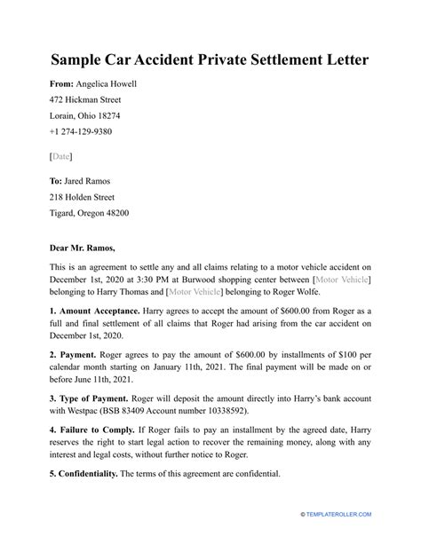 Sample Car Accident Private Settlement Letter Download Printable Pdf Templateroller