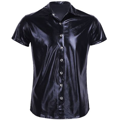 Mens Uniform Pvc Faux Leather Button Design Short Sleeve Slim Fit Top