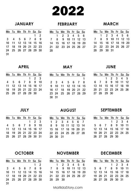 2022 Calendar Printable Free White Monday Start