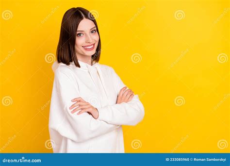 Profile Side View Portrait Of Attractive Cheerful Girl Folded Arms Copy
