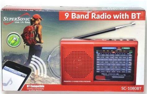 Supersonic 9 Band Rechargeable Bluetooth Amfmsw Radio Red With Usb