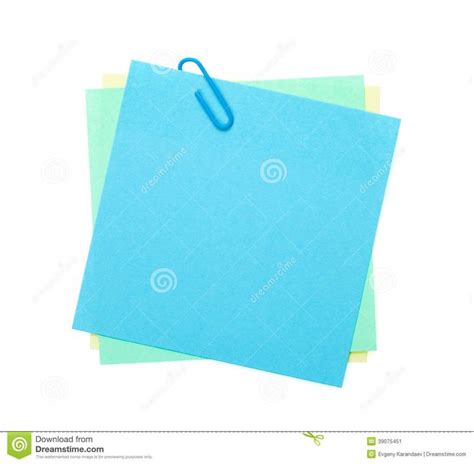 Three Blue And Green Post It Notes With Clippings On White Background