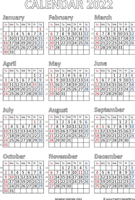 Calendar 2022 Canada Pdf Free Printable Pdf