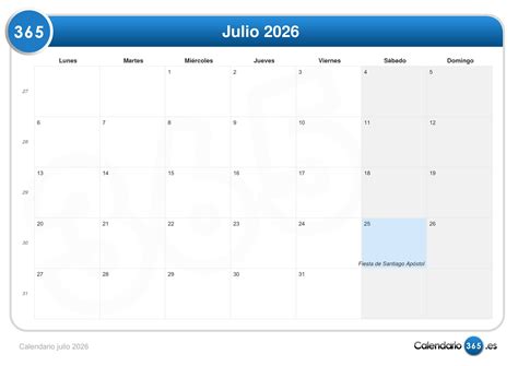 Calendario Julio 2026
