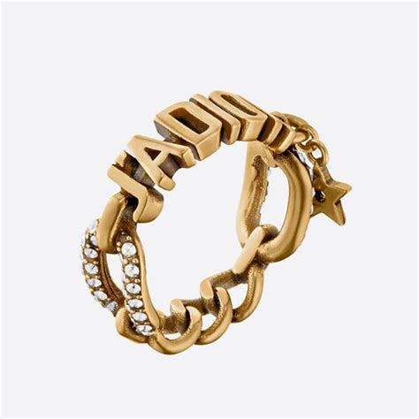 Dior Women Jadior Ring Antique Gold Finish Metal And White Crystals
