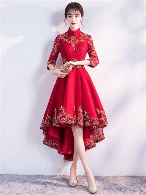 red dip hem qipao cheongsam evening dress chinese prom dress chinese style dress reception