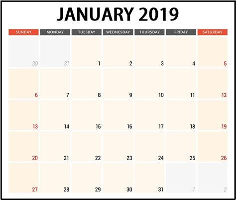 January 2019 Monthly Calendar Template