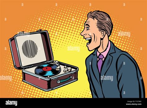 Happy Man Listening To Music Retro Vinyl Record Player Stock Vector