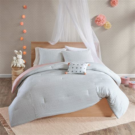 Blush Pink And Grey Polka Dots Comforter Set And Decorative Pillows