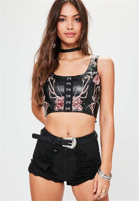 Black Faux Leather Hook Eye Embroidered Crop Top Missguided Embroidered Crop Tops Women
